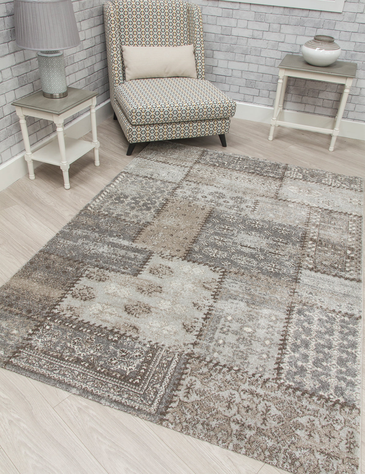 Antika Patchwork Greige Rug – Sheepbridge Sofas & Beds