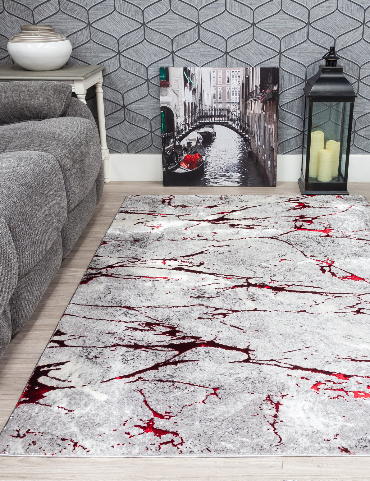 Glitz Marble Grey Red Rugs