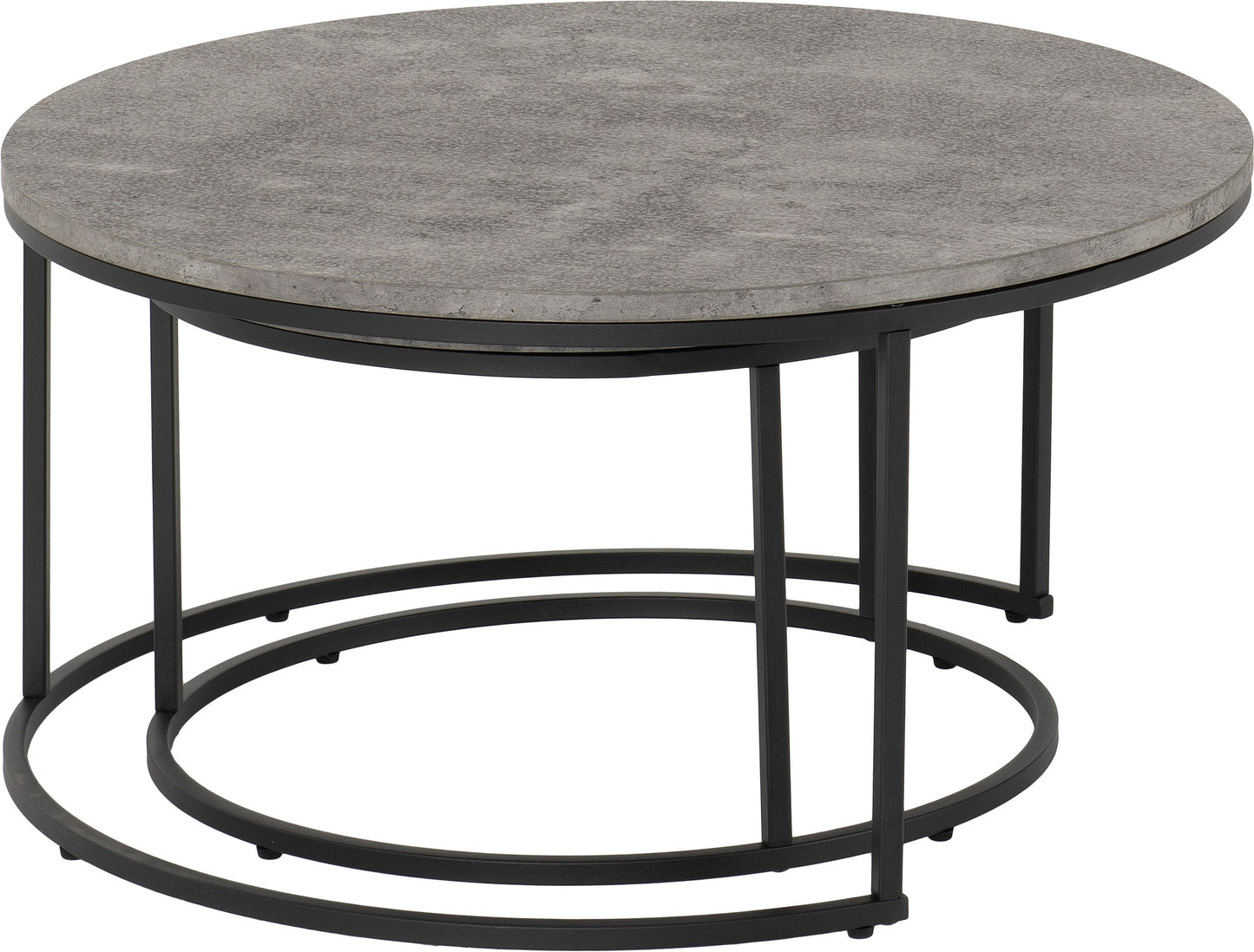 Round coffee table with gray concrete top and black metal base on a white background