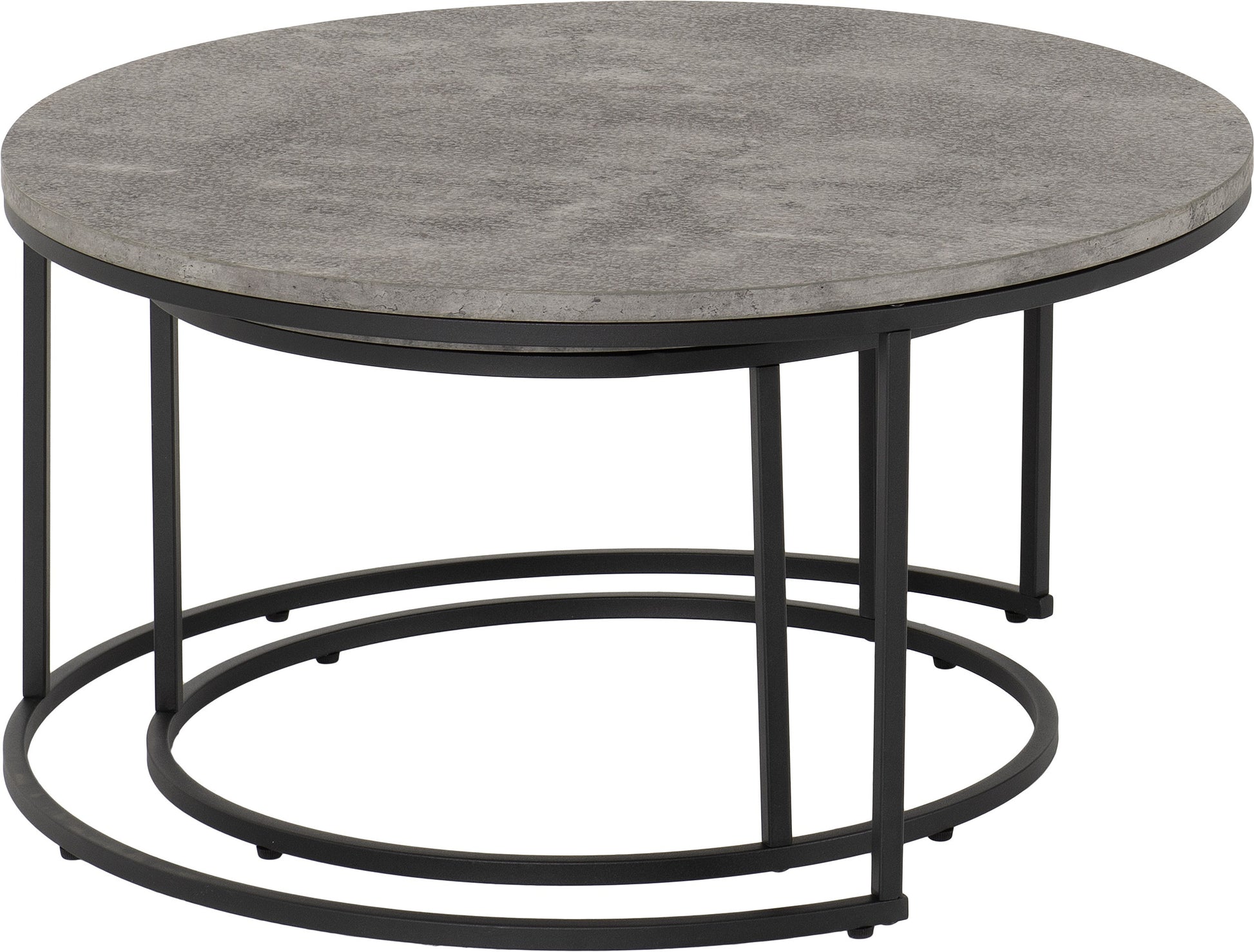 Round coffee table with gray concrete top and black metal base on a white background