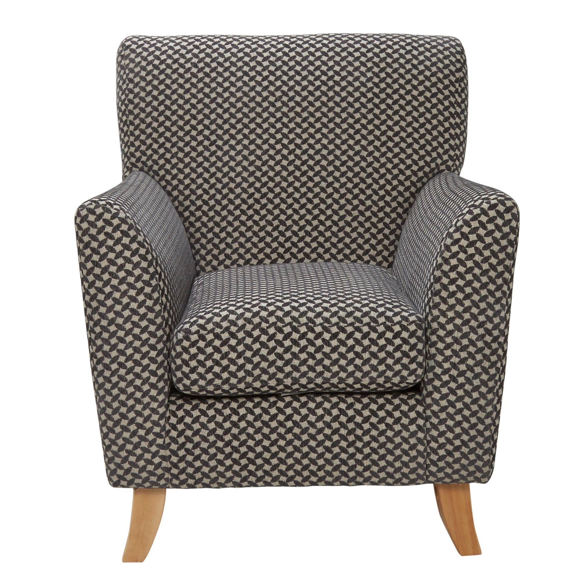 Patterned armchair with wooden legs on a white background