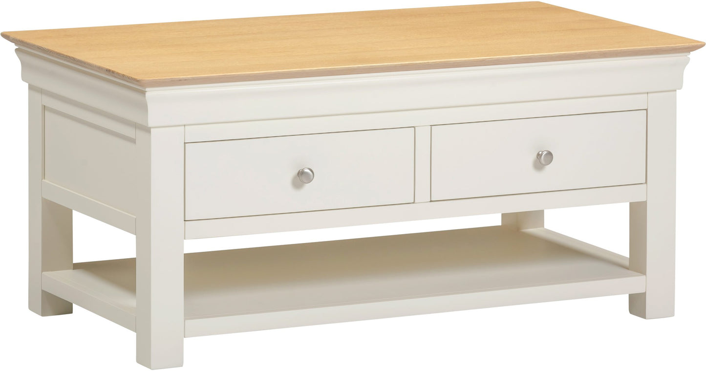 White coffee table with a wooden top on a white background