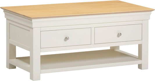 White coffee table with a wooden top on a white background
