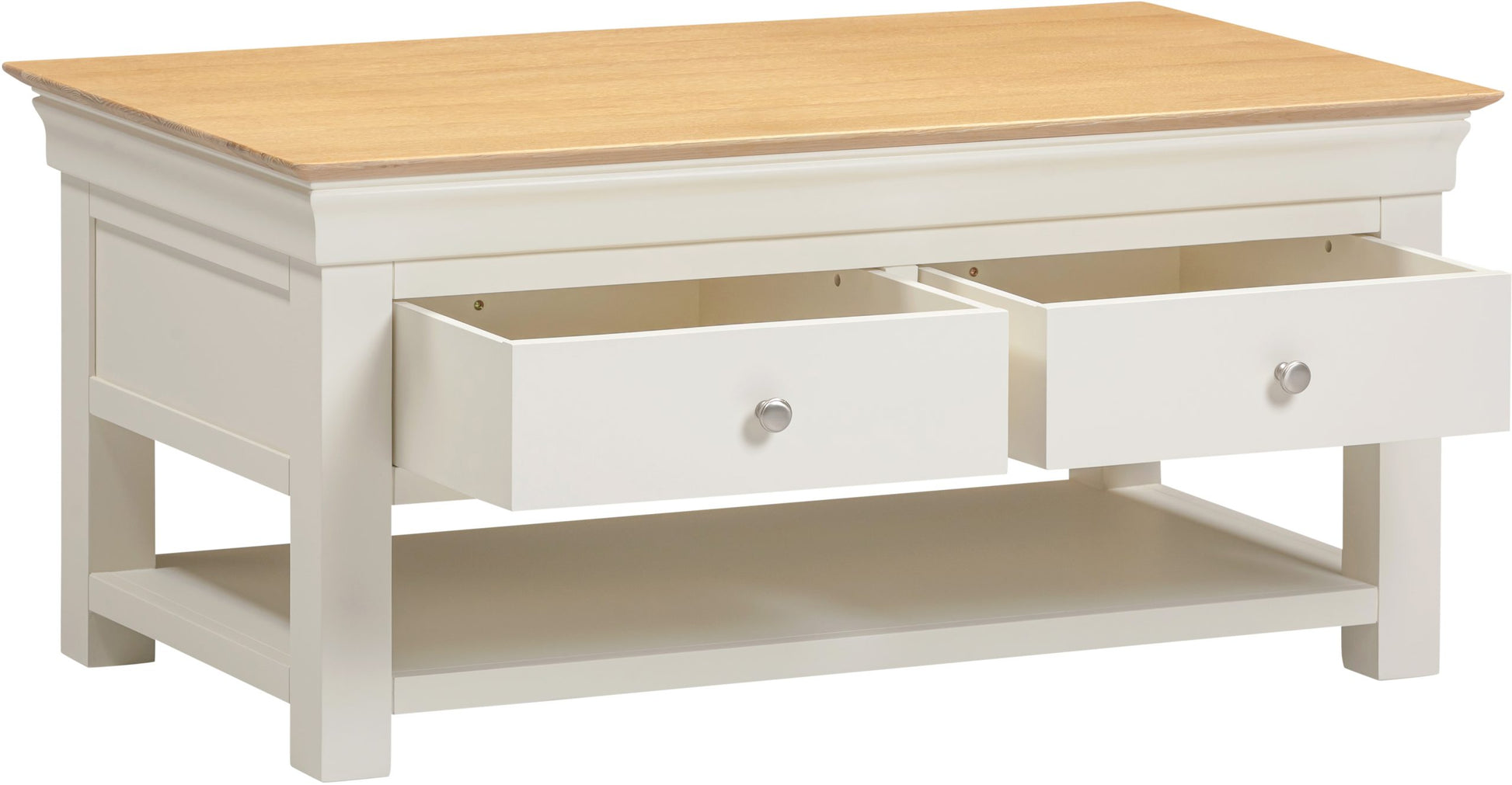 White coffee table with wooden top and drawers on a white background