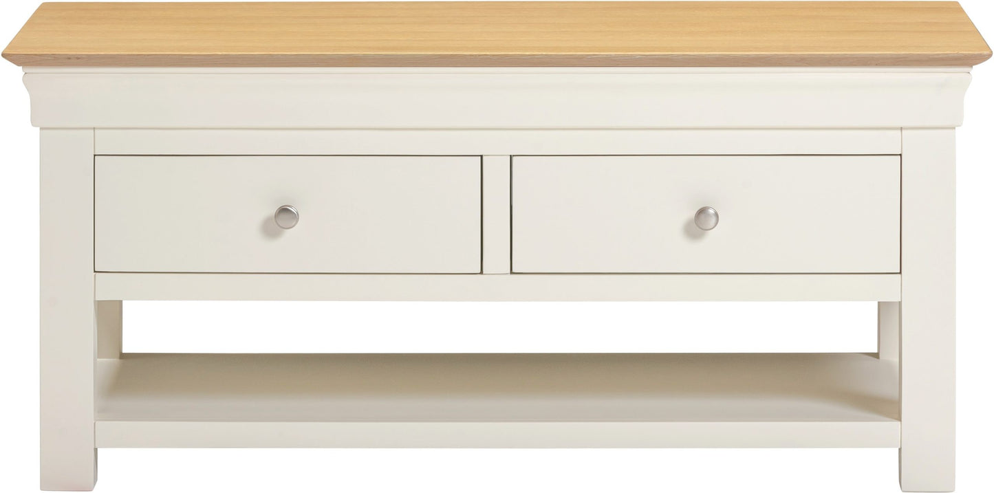 White coffee table with wooden top on a white background
