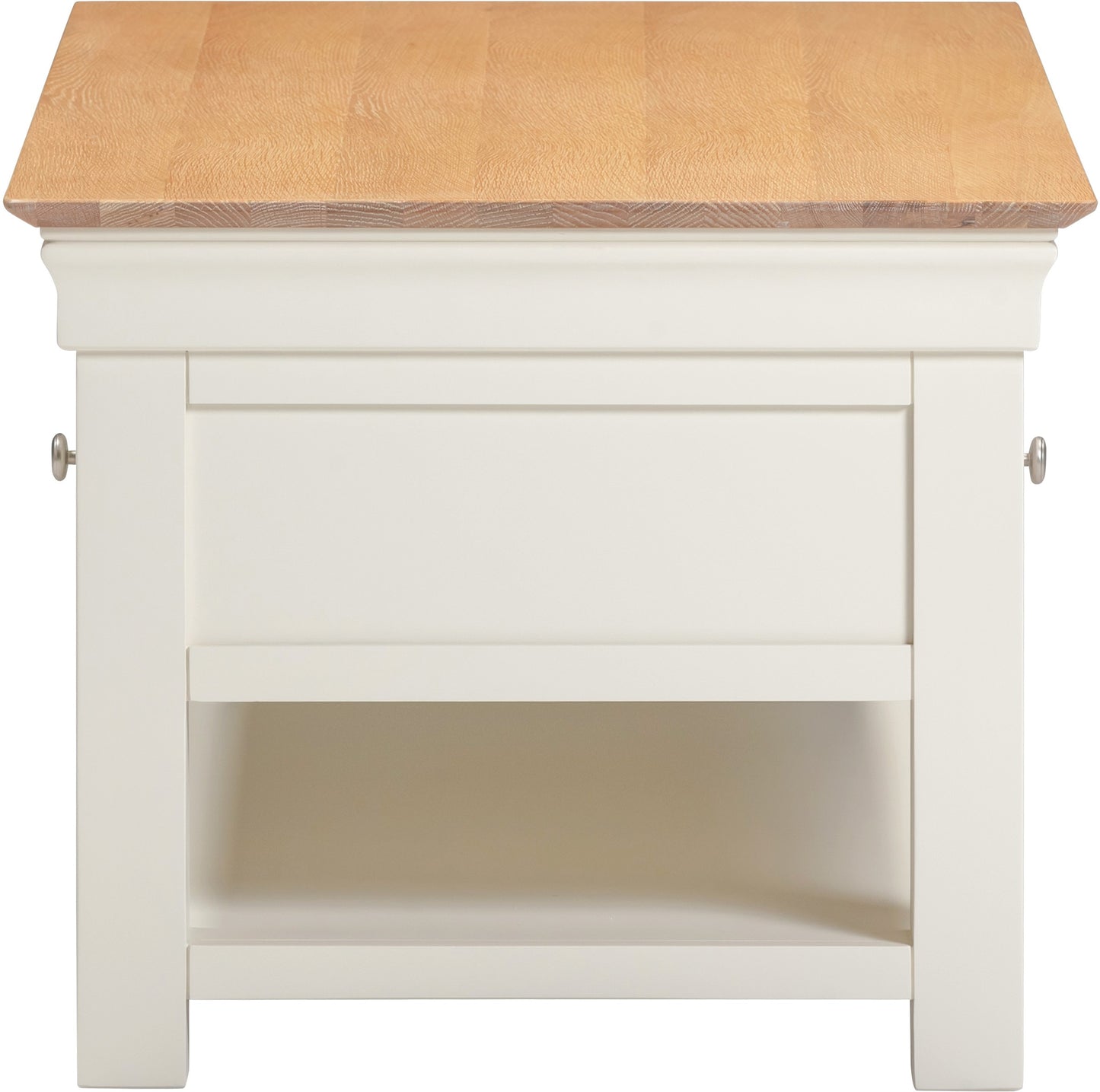 White nightstand with a wooden top on a white background