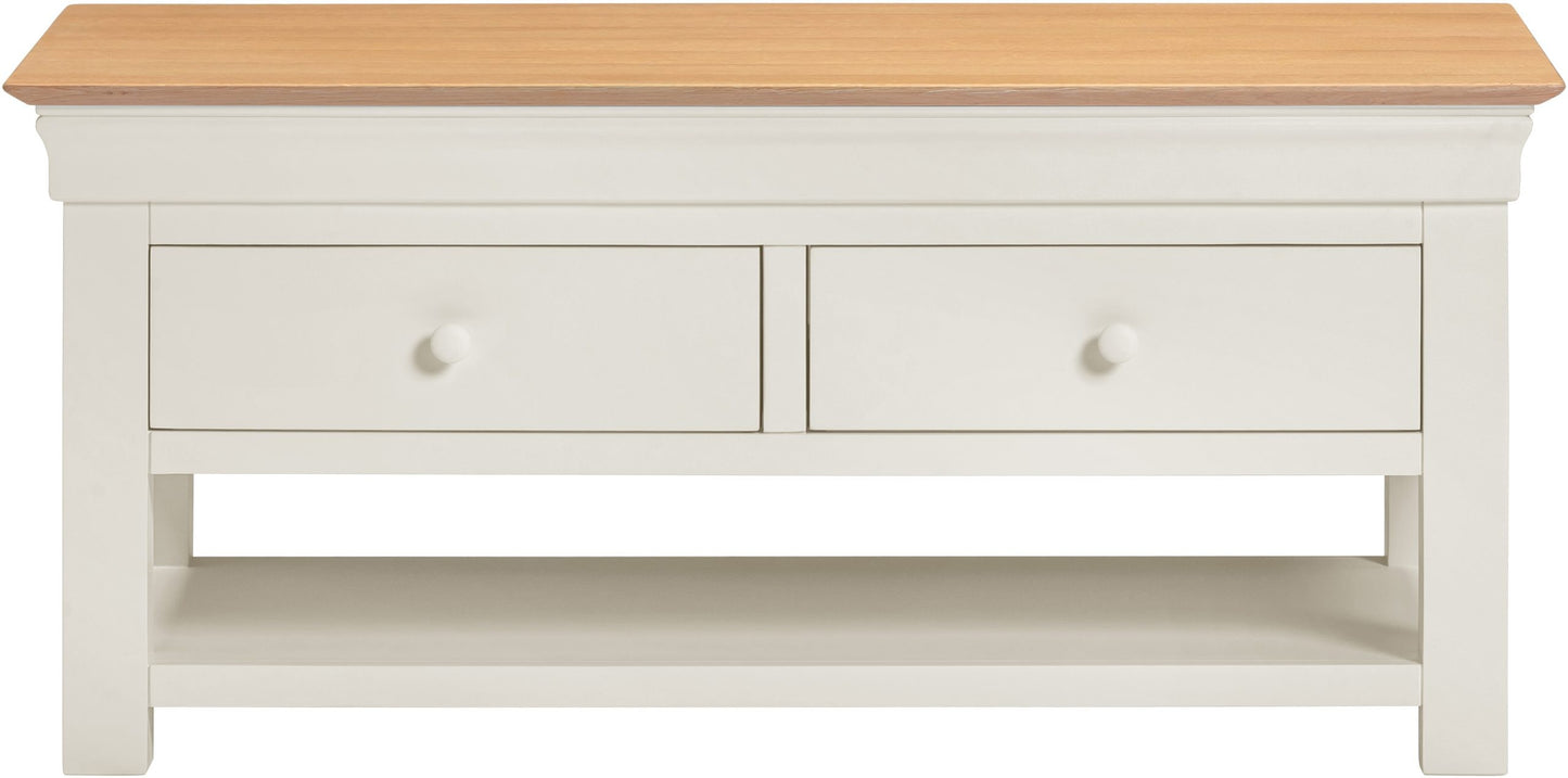 White coffee table with wooden top on a white background