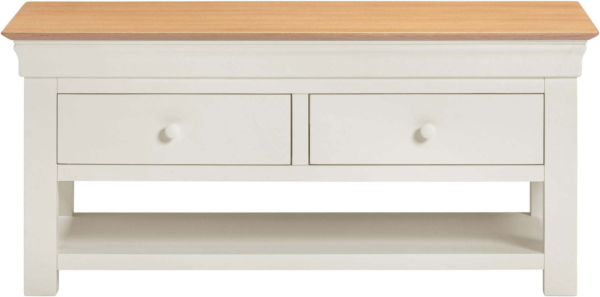 White coffee table with wooden top on a white background