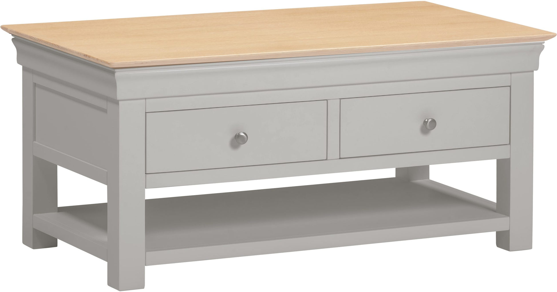 Gray coffee table with a wooden top on a white background