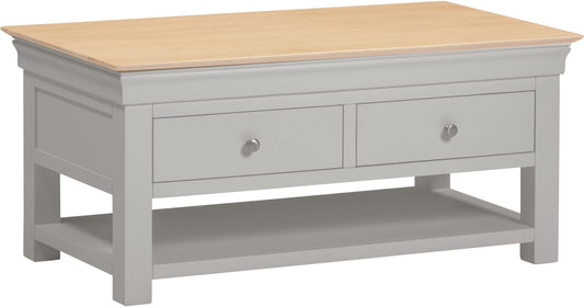 Gray coffee table with a wooden top on a white background