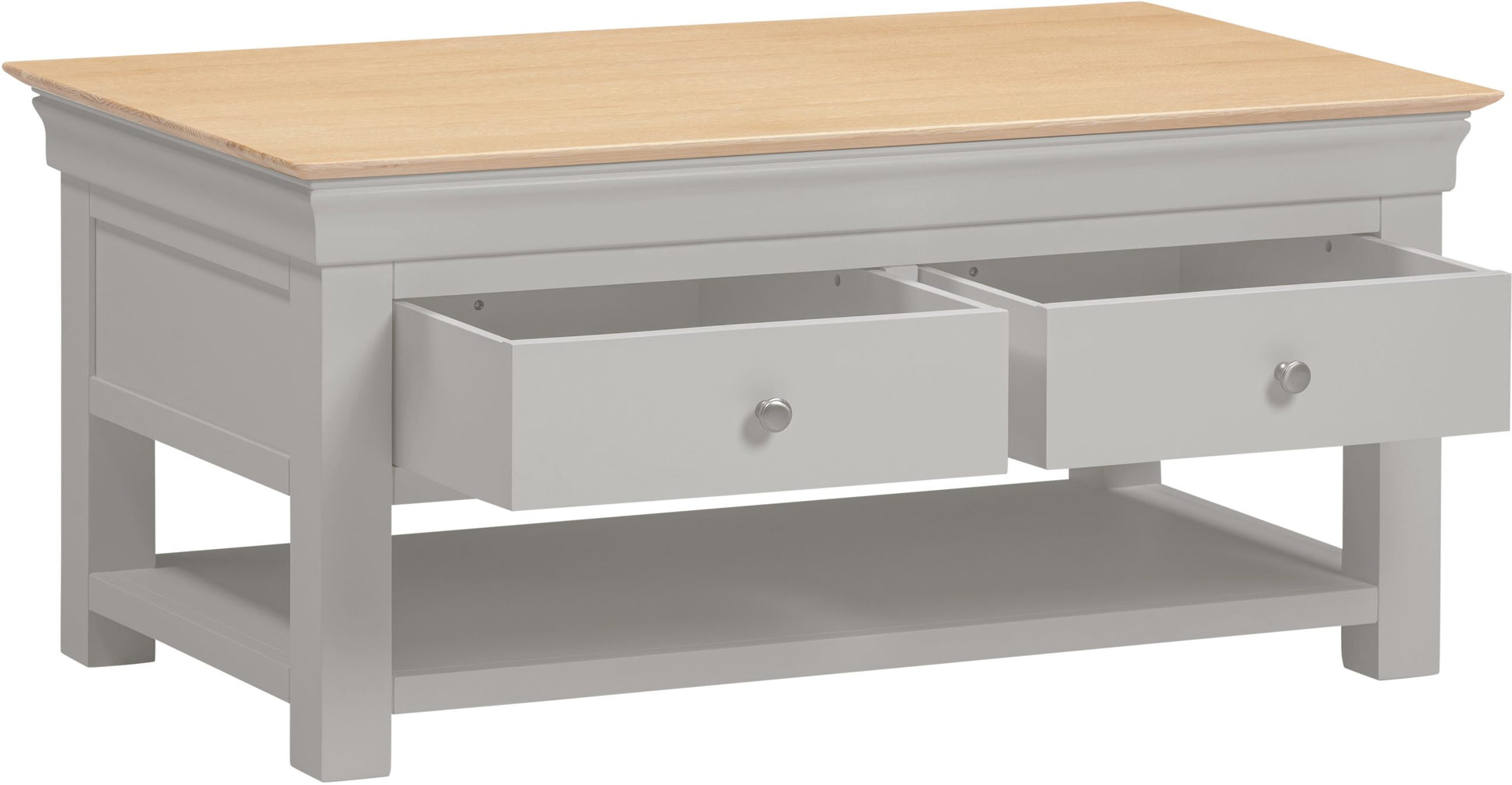 Gray coffee table with two drawers and a wooden top on a white background