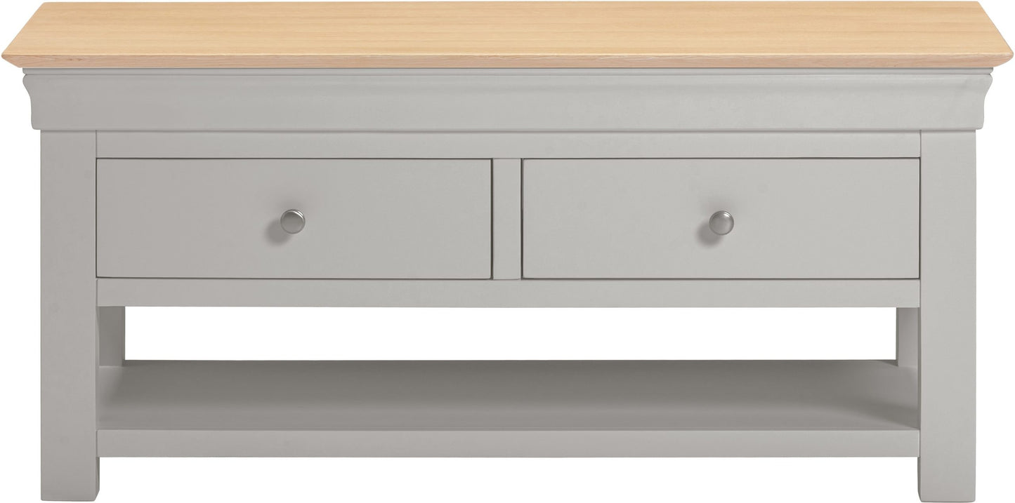 Gray coffee table with wooden top on a white background