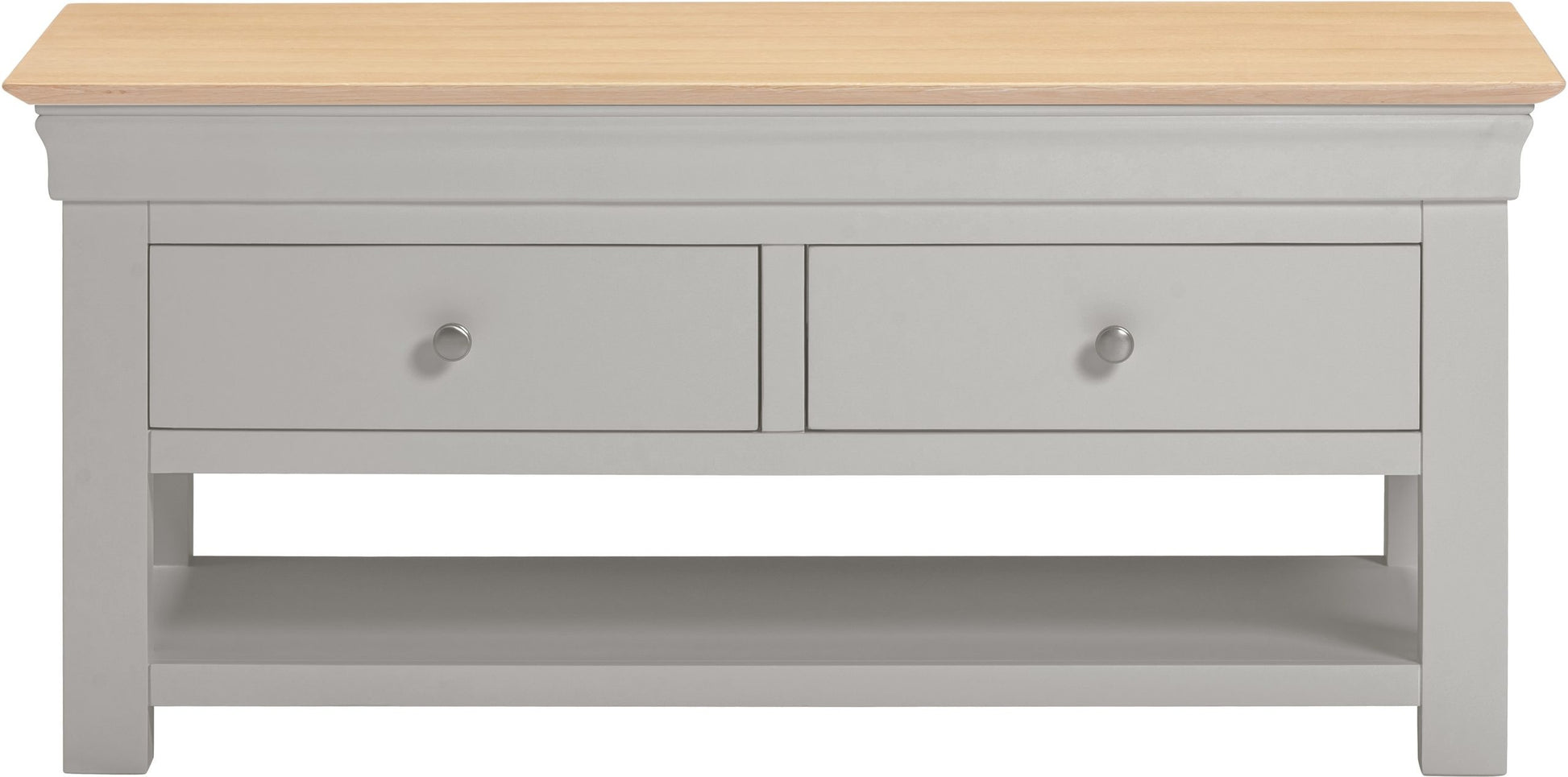 Gray coffee table with wooden top on a white background