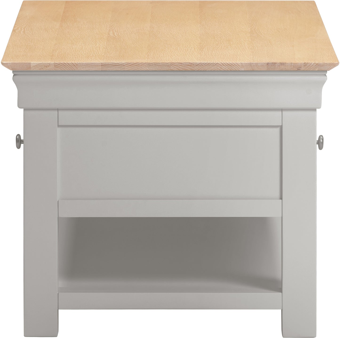 Gray side table with a wooden top on a white background