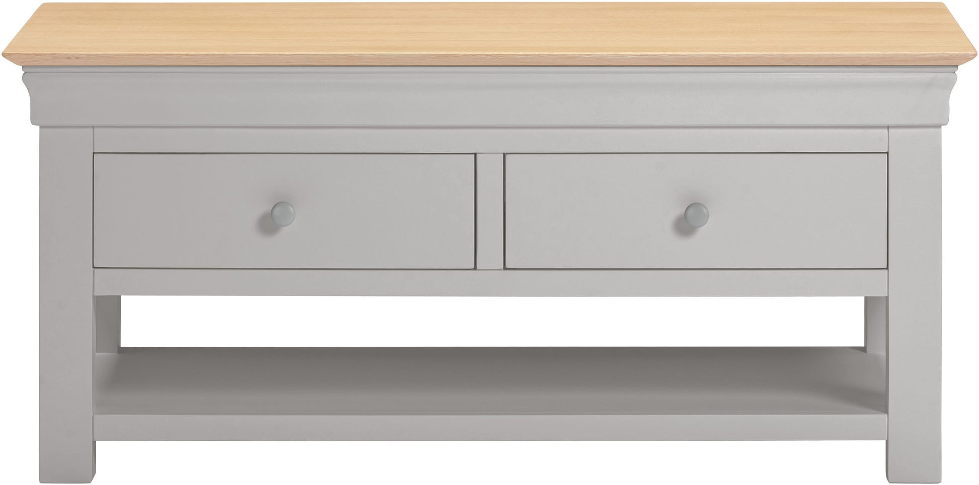 Gray coffee table with wooden top on a white background