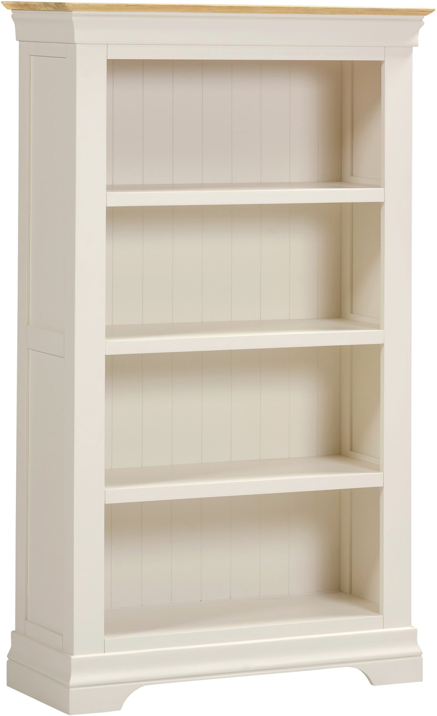 White bookshelf with a light wood top on a white background