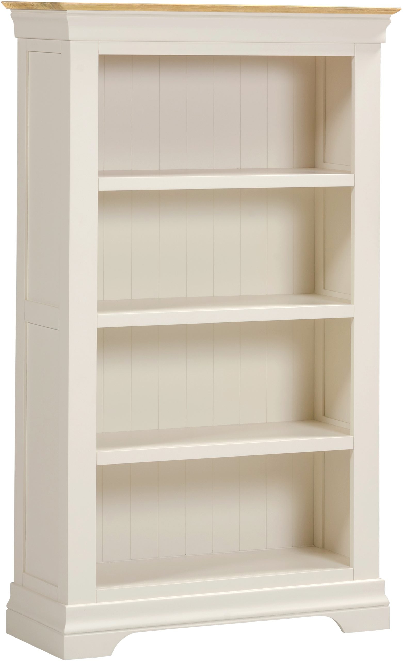 White bookshelf with a light wood top on a white background