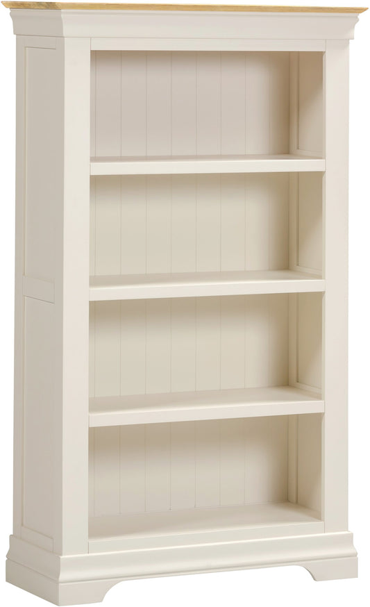 White bookshelf with a light wood top on a white background