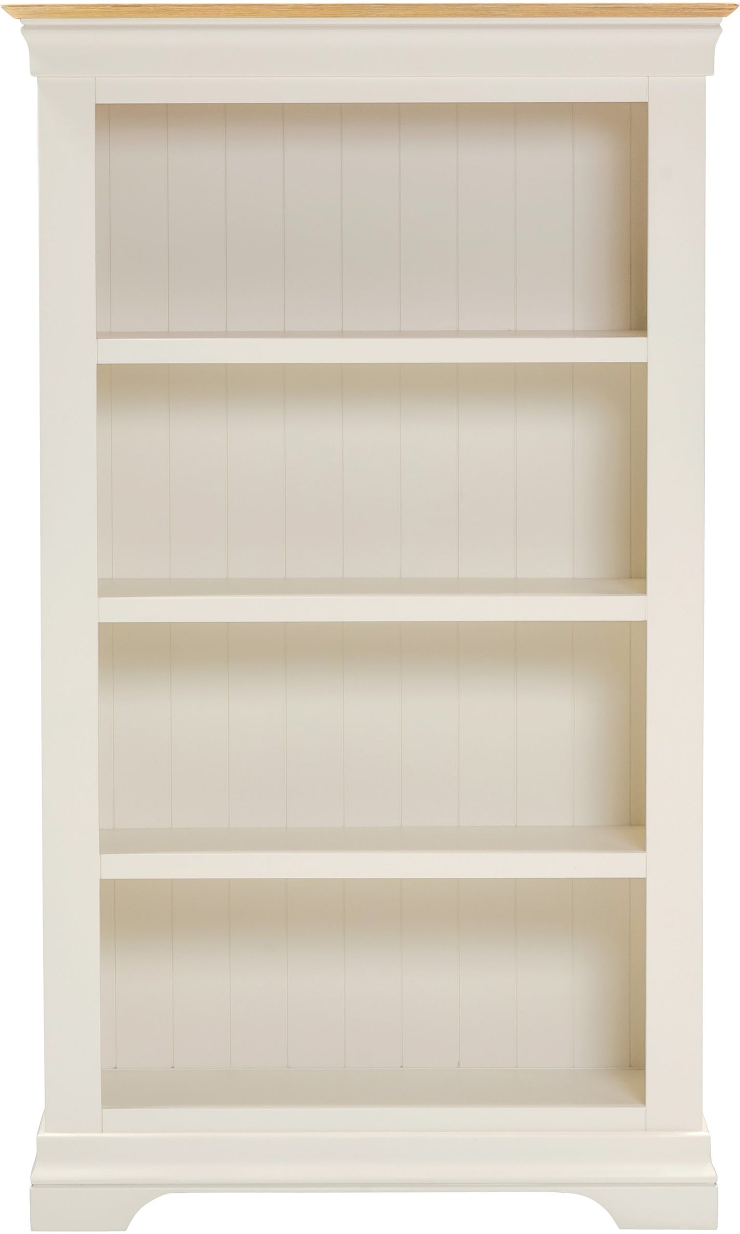 White bookshelf with a wooden top on a white background
