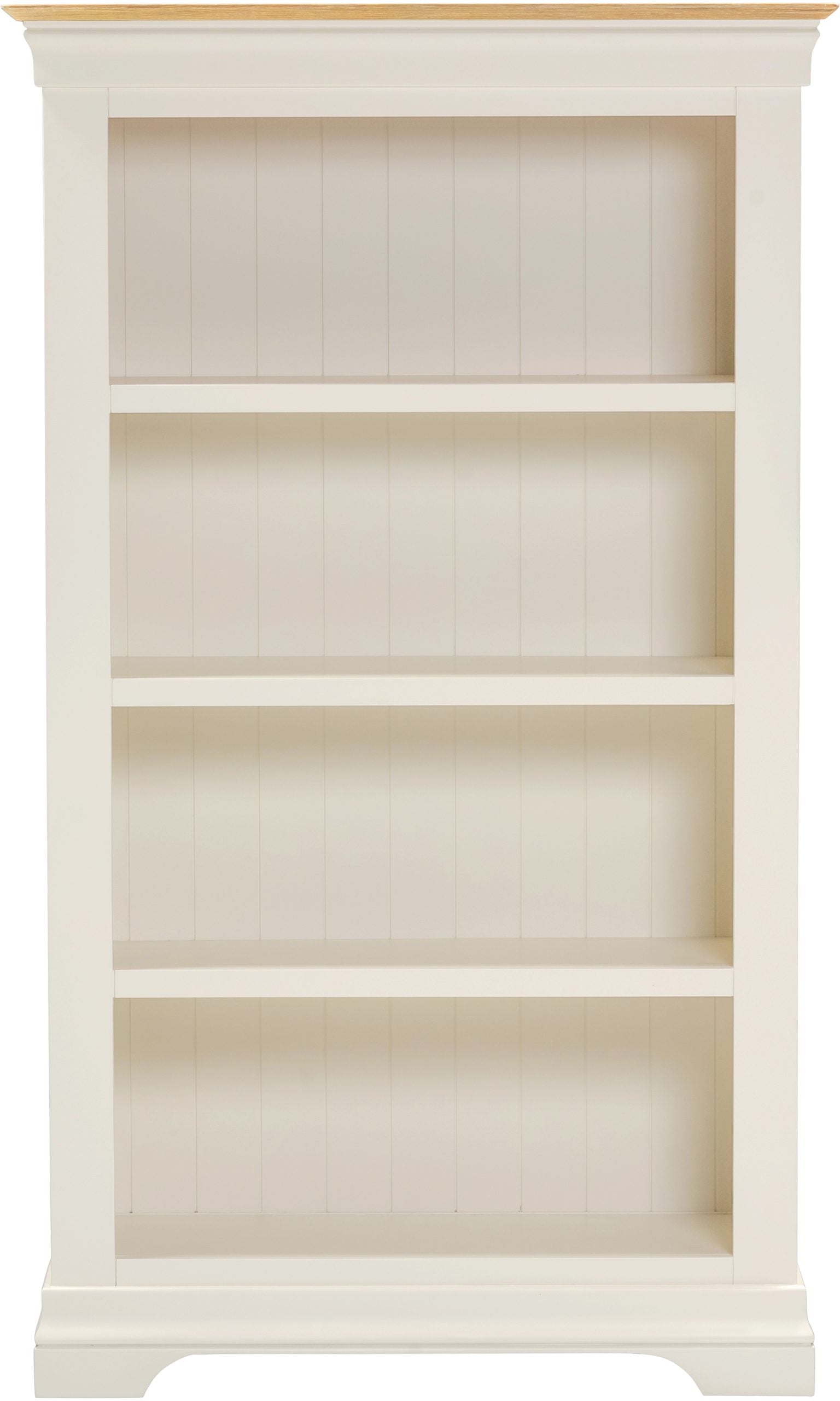 White bookshelf with a wooden top on a white background