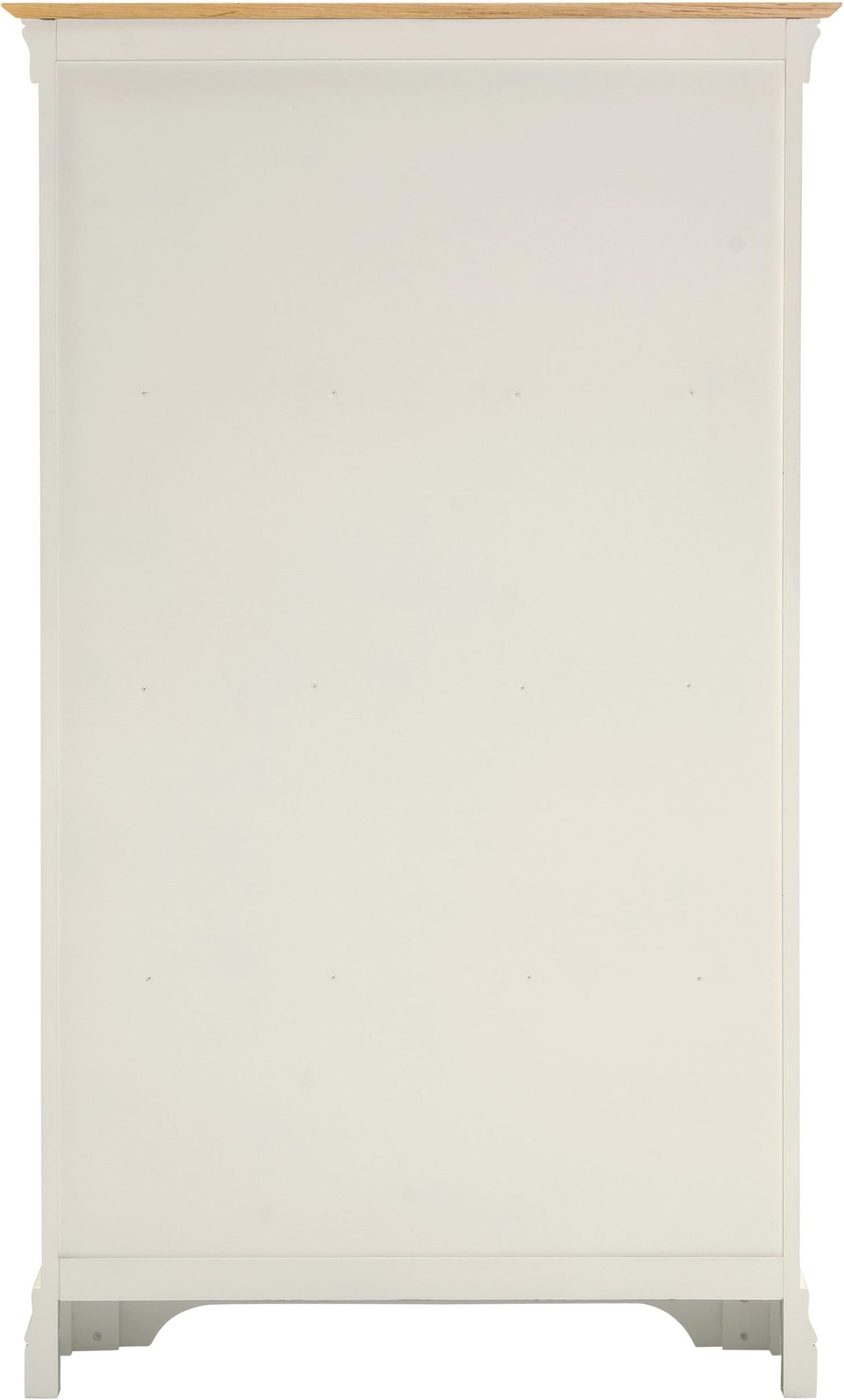 White wooden cabinet with a light wood top on a white background