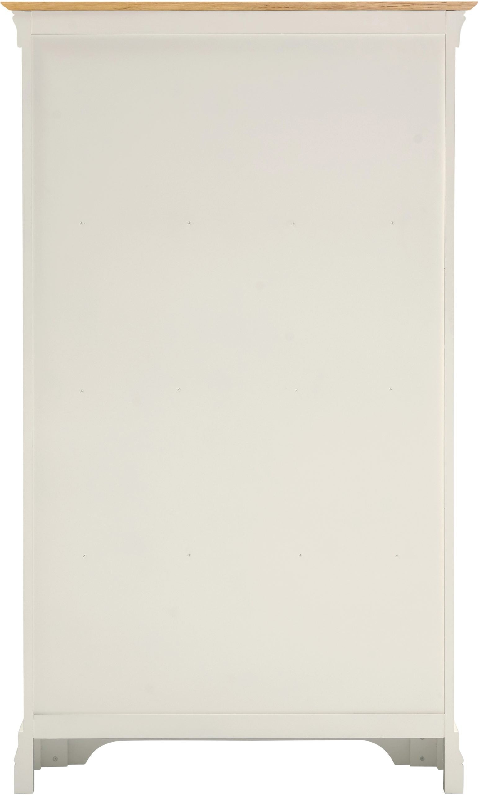 White wooden cabinet with a light wood top on a white background