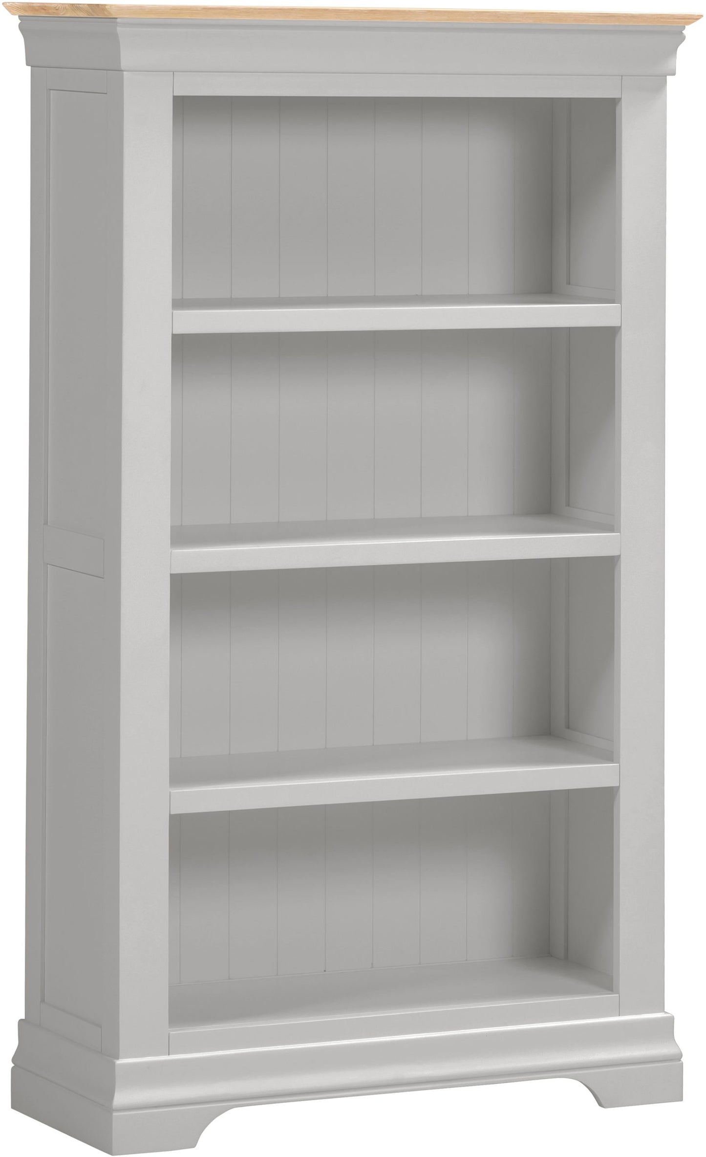Gray bookshelf with a wooden top on a white background