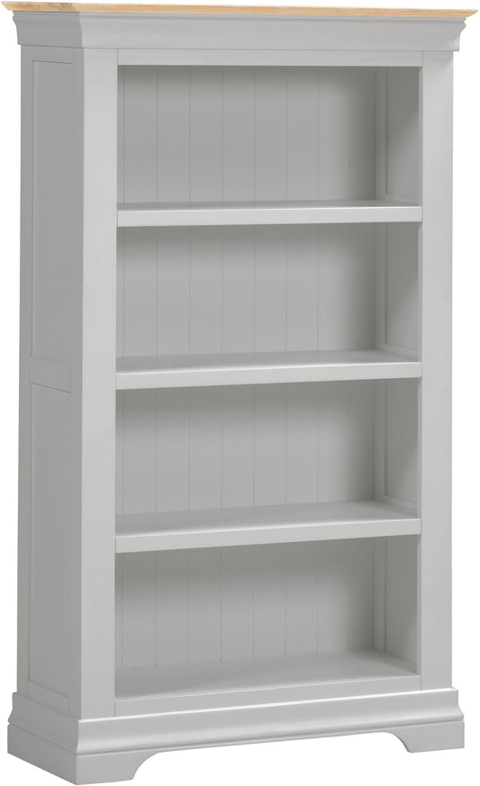 Gray bookshelf with a wooden top on a white background