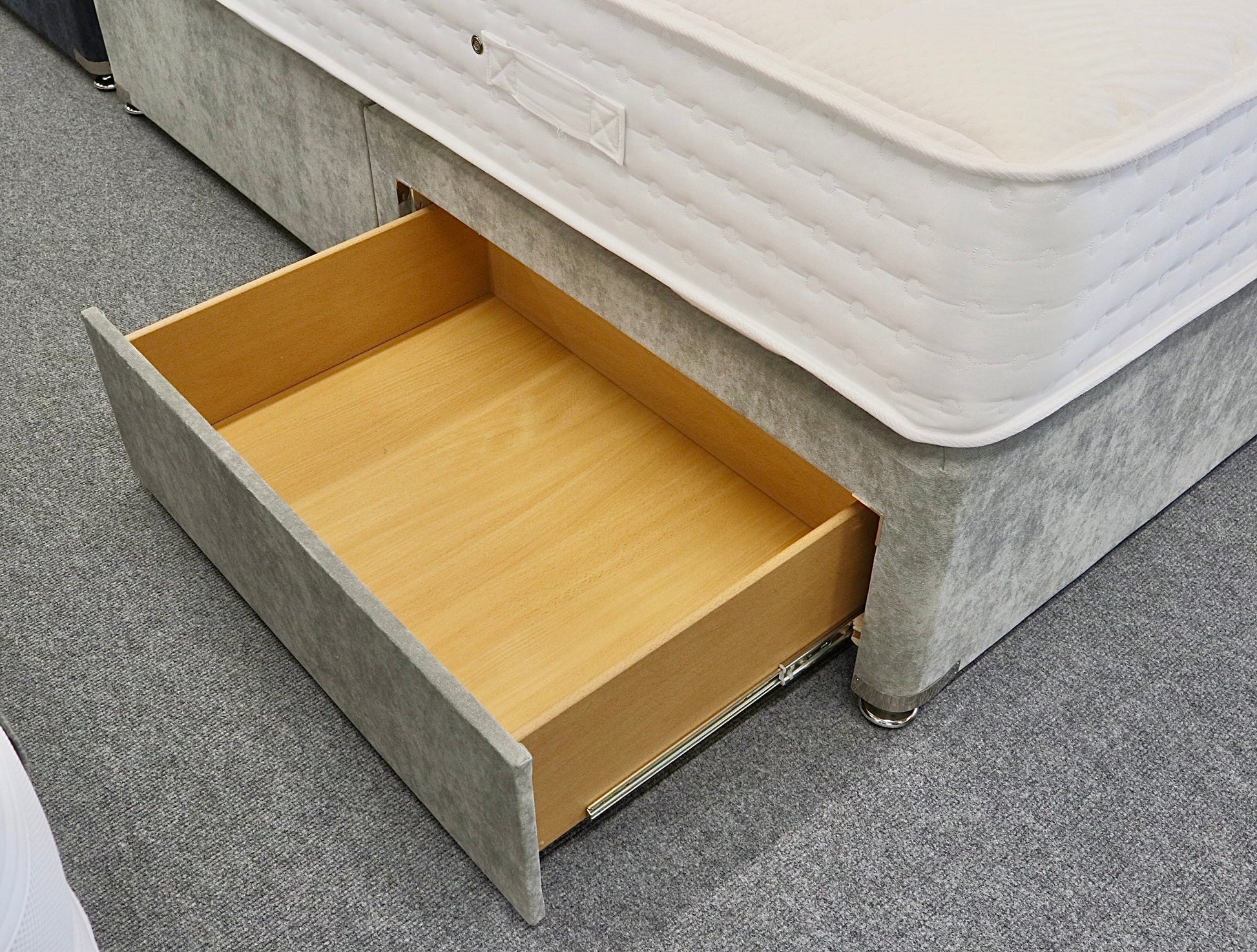 Comet Silver Fabric Divan Bed with headboard with storage drawer