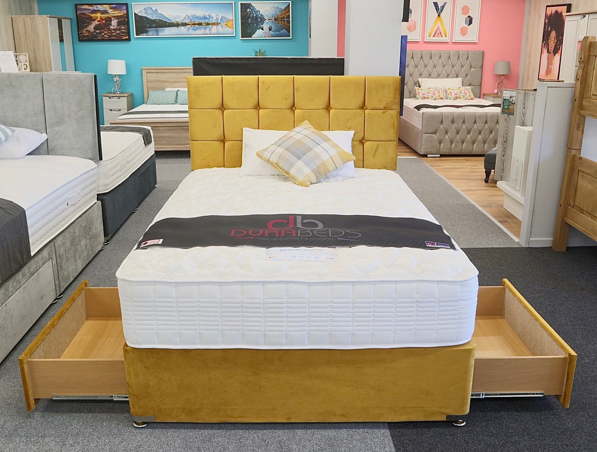 Monaco Gold fabric divan bed and headboard with 2 drawers