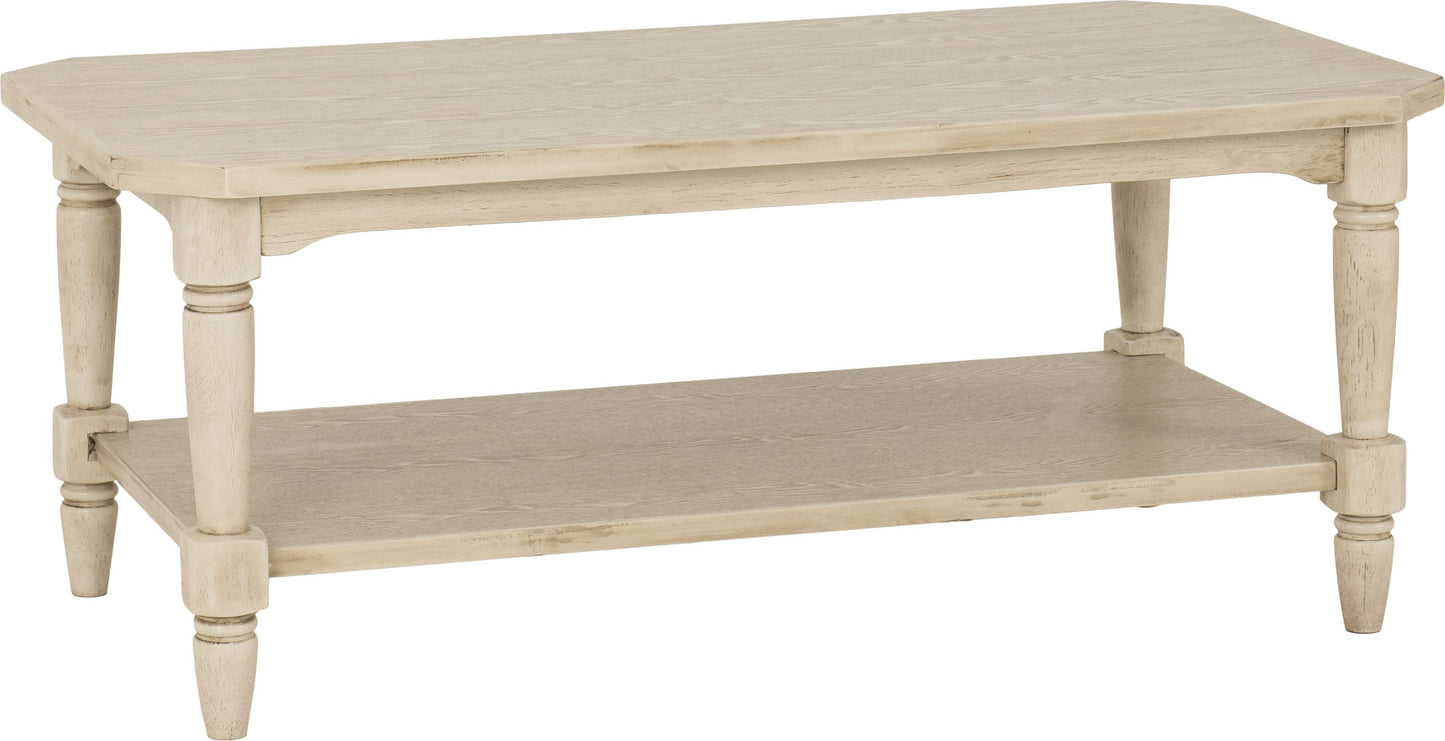 Beige wooden coffee table with a shelf on a white background