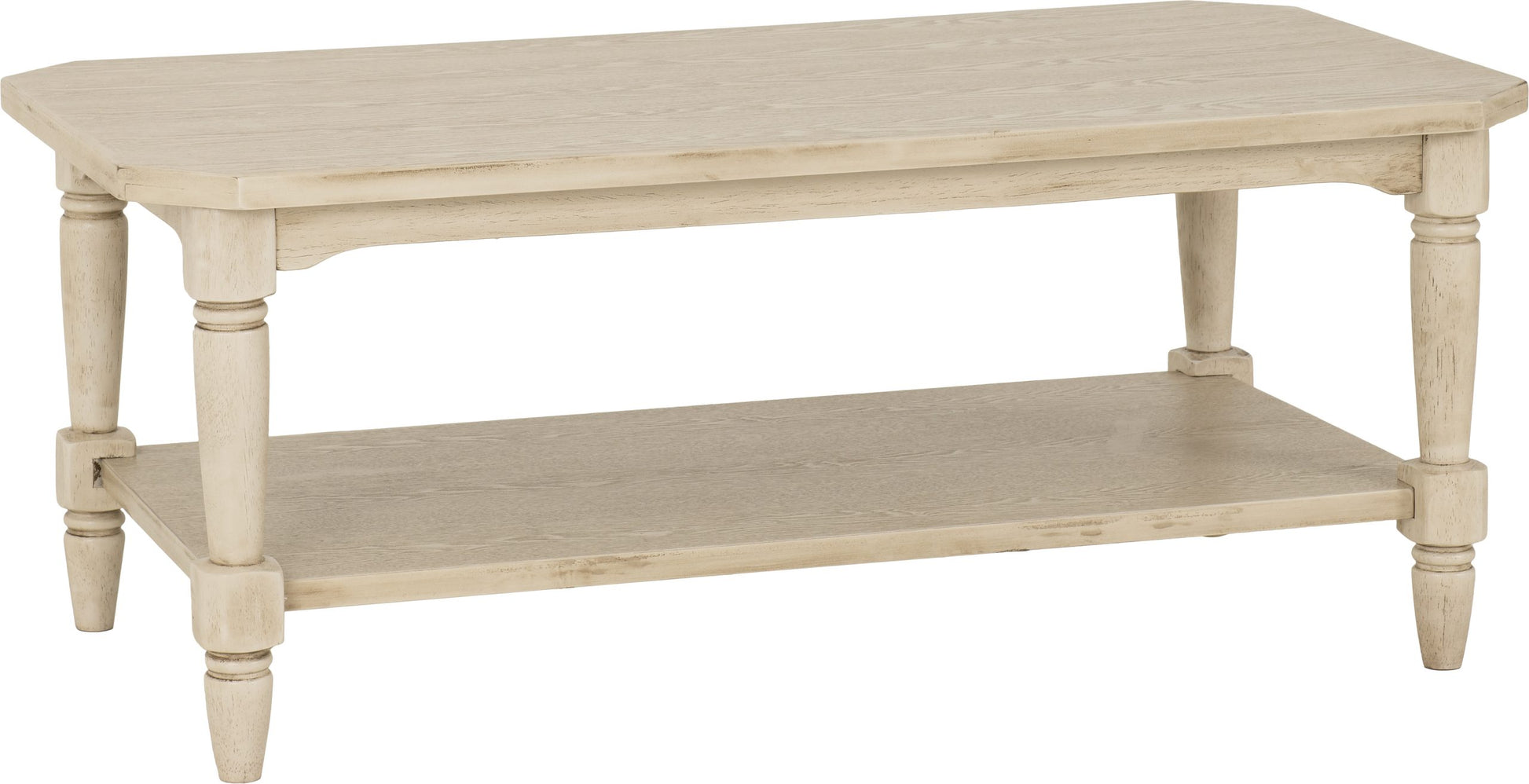 Beige wooden coffee table with a shelf on a white background
