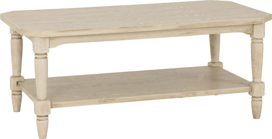 Beige wooden coffee table with a shelf on a white background