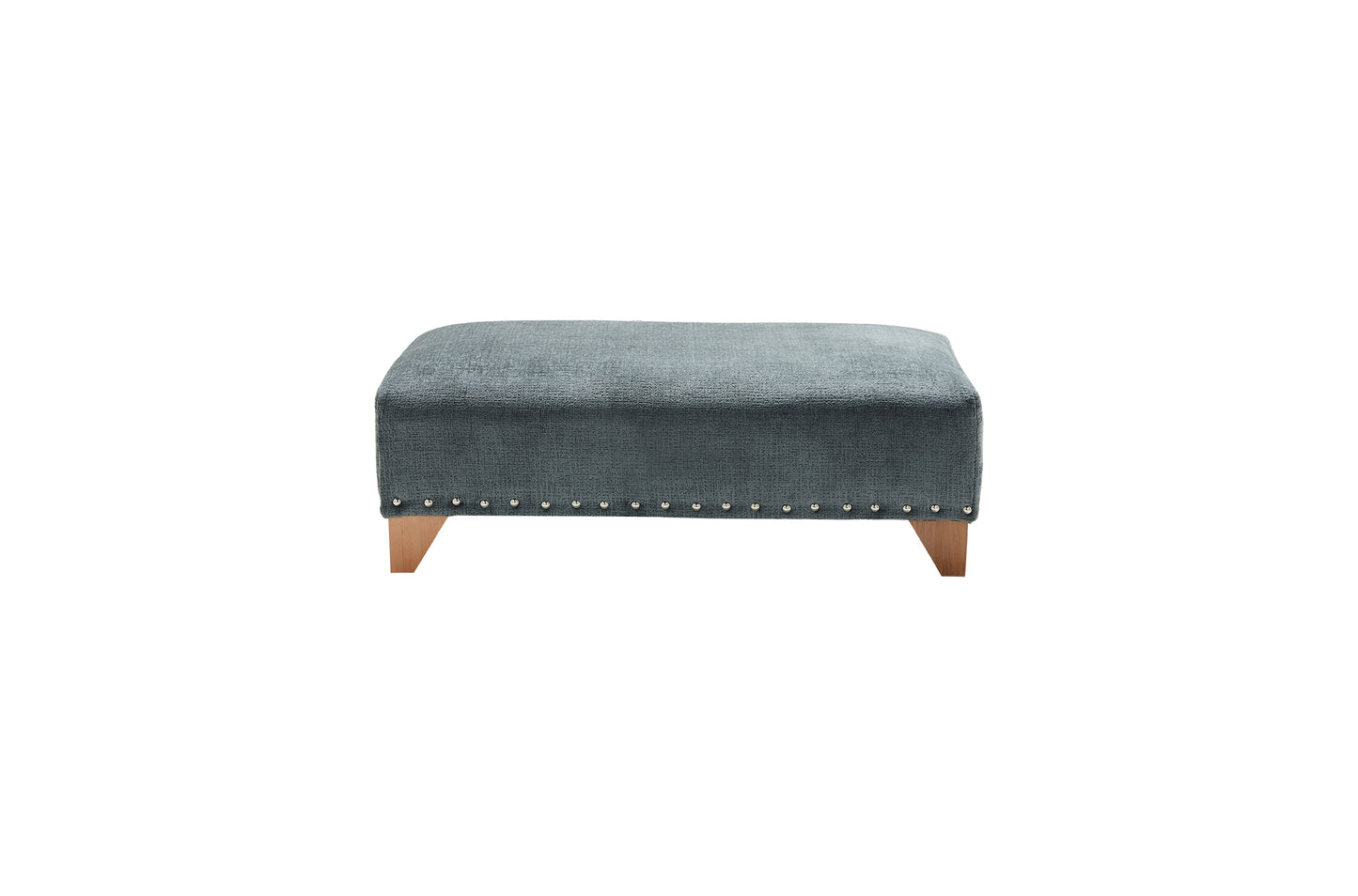 Blue upholstered bench with wooden legs and nailhead trim on a white background