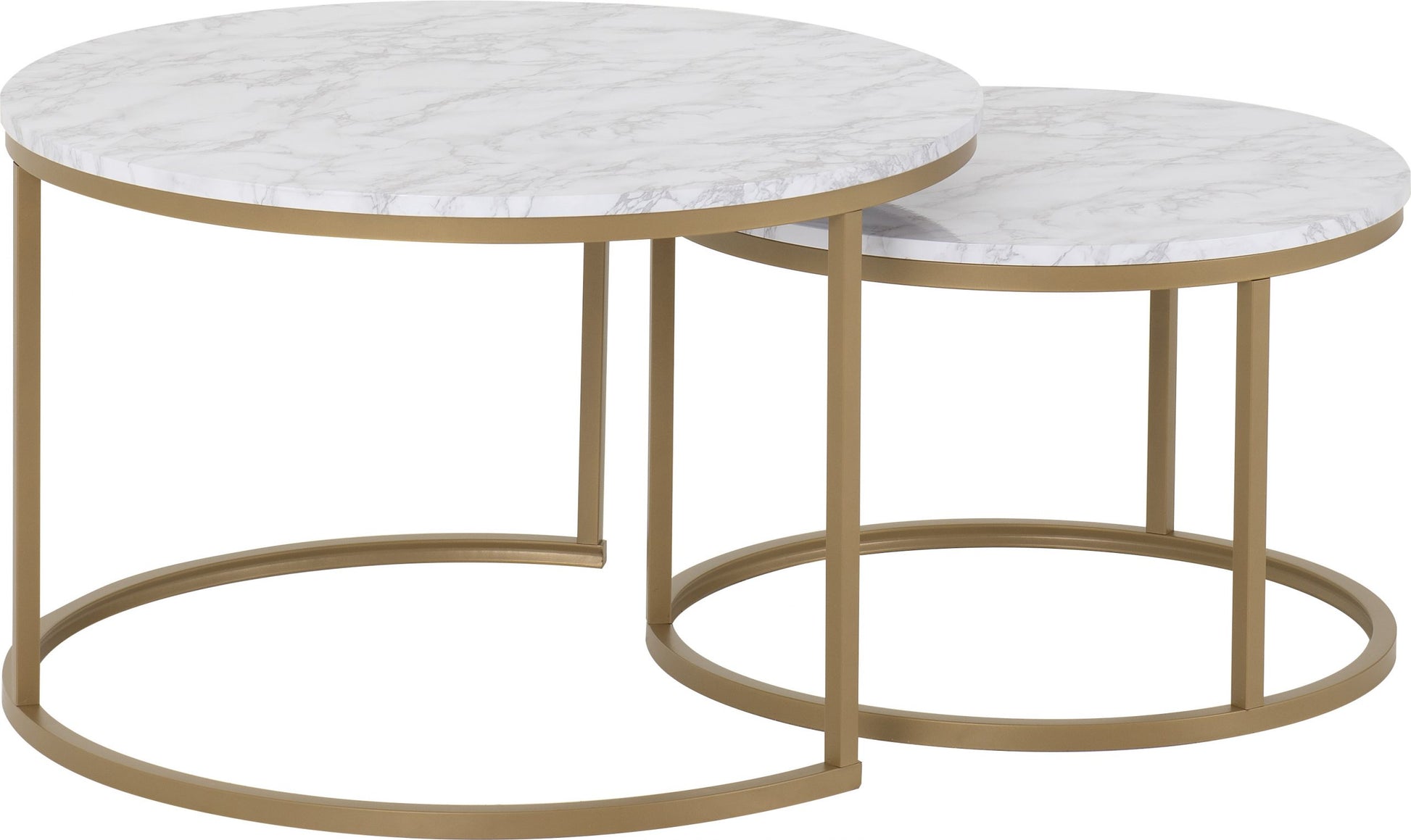 Two marble top coffee tables with gold metal frames on a white background