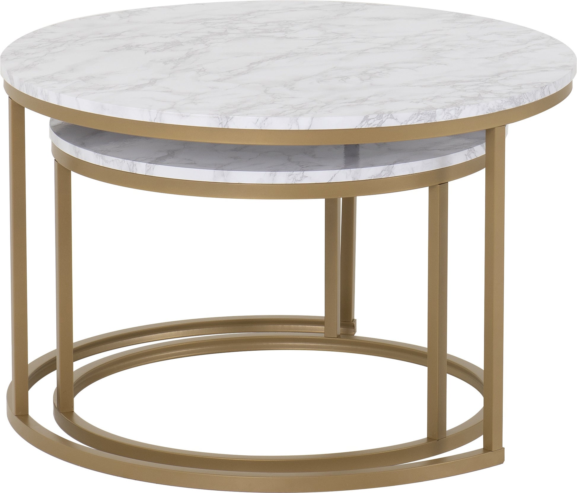 Round marble coffee table with gold metal frame on a white background