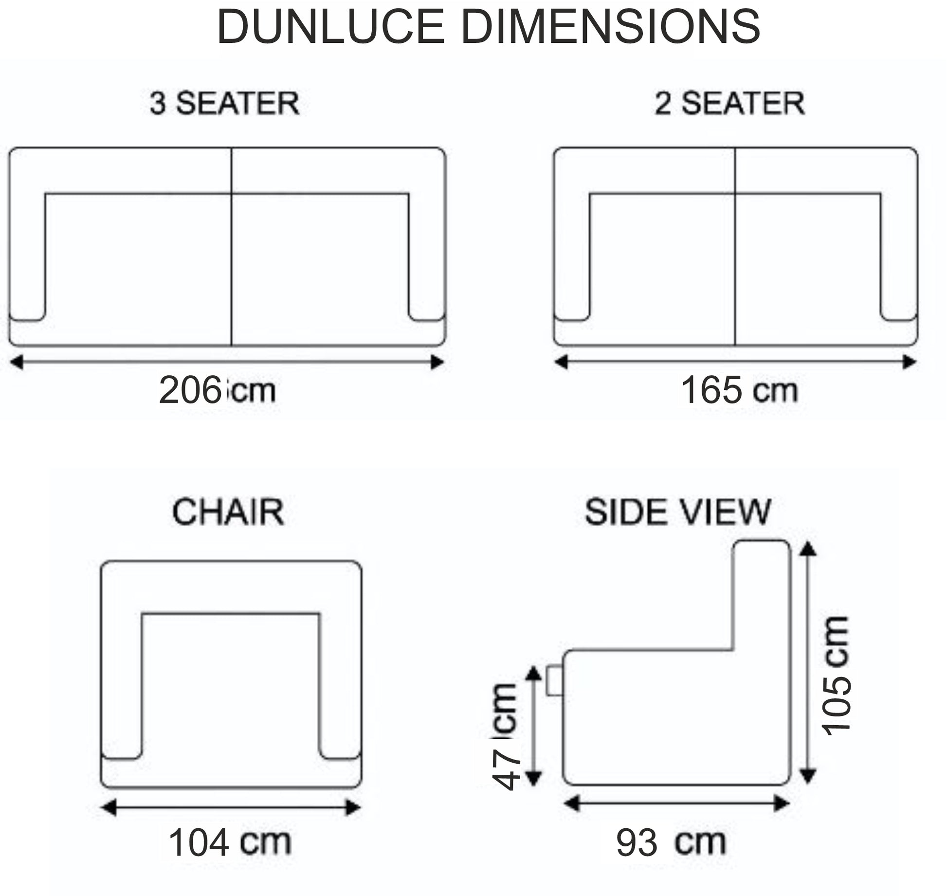 Dimensions of Dunluce furniture pieces including a 3-seater, 2-seater, chair, and side view.