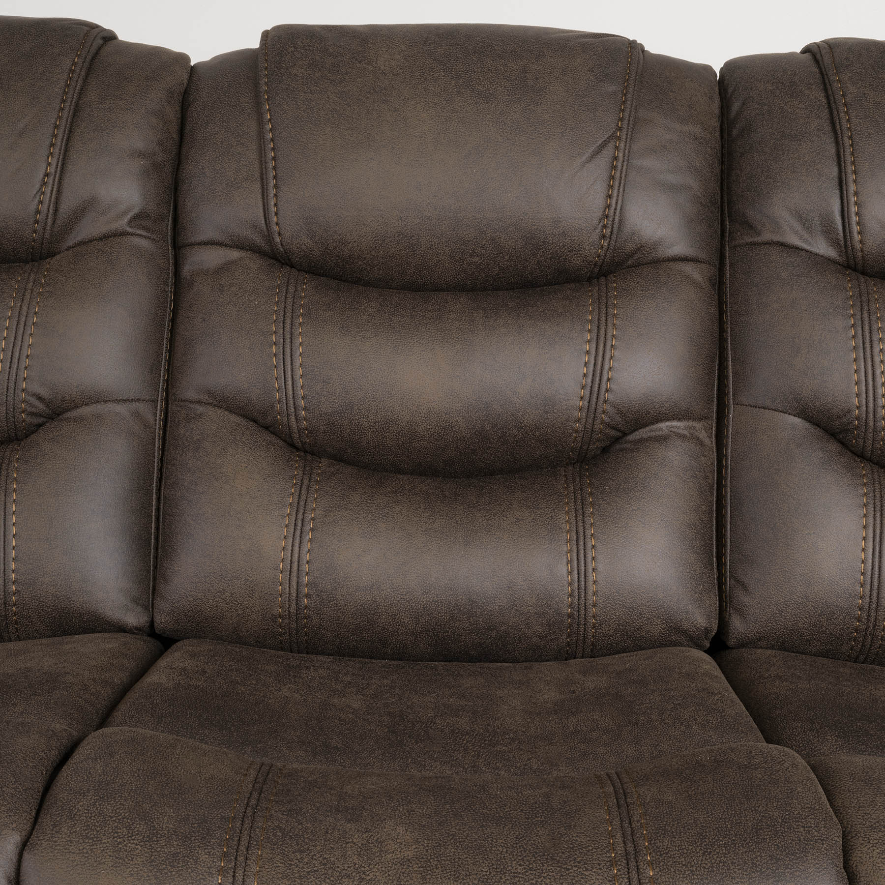 Brown  Fabric recliner sofa with visible stitching on a white background