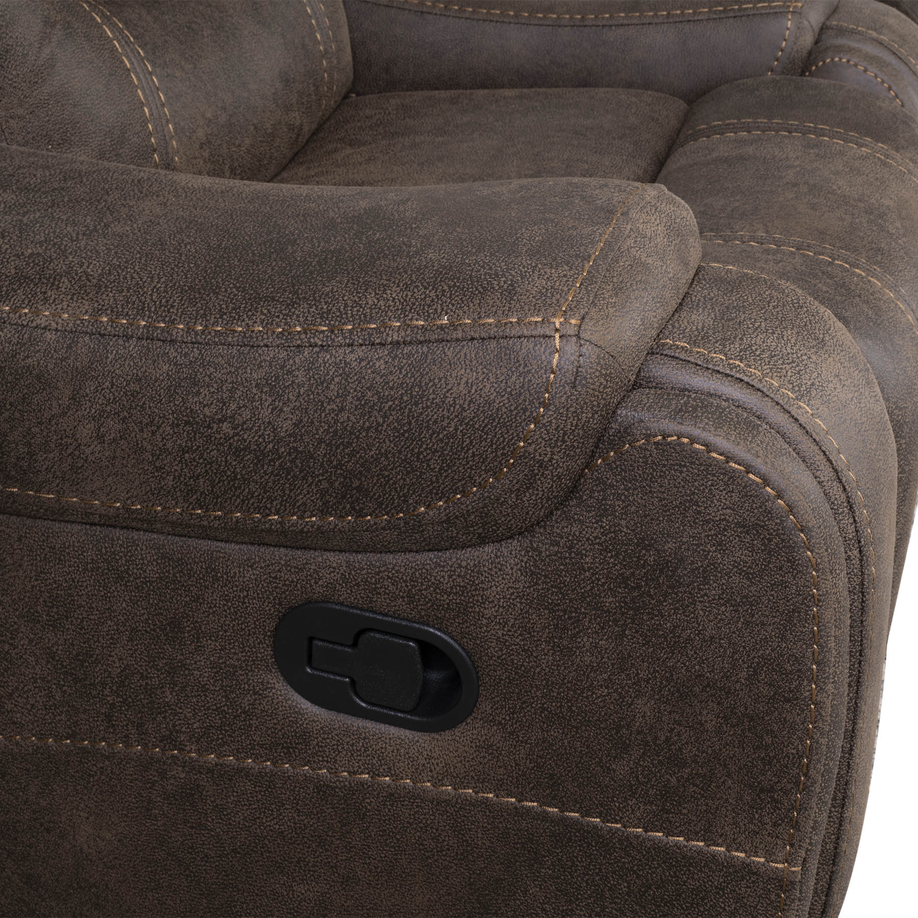 Brown  Fabric recliner sofa with visible stitching and button detail.