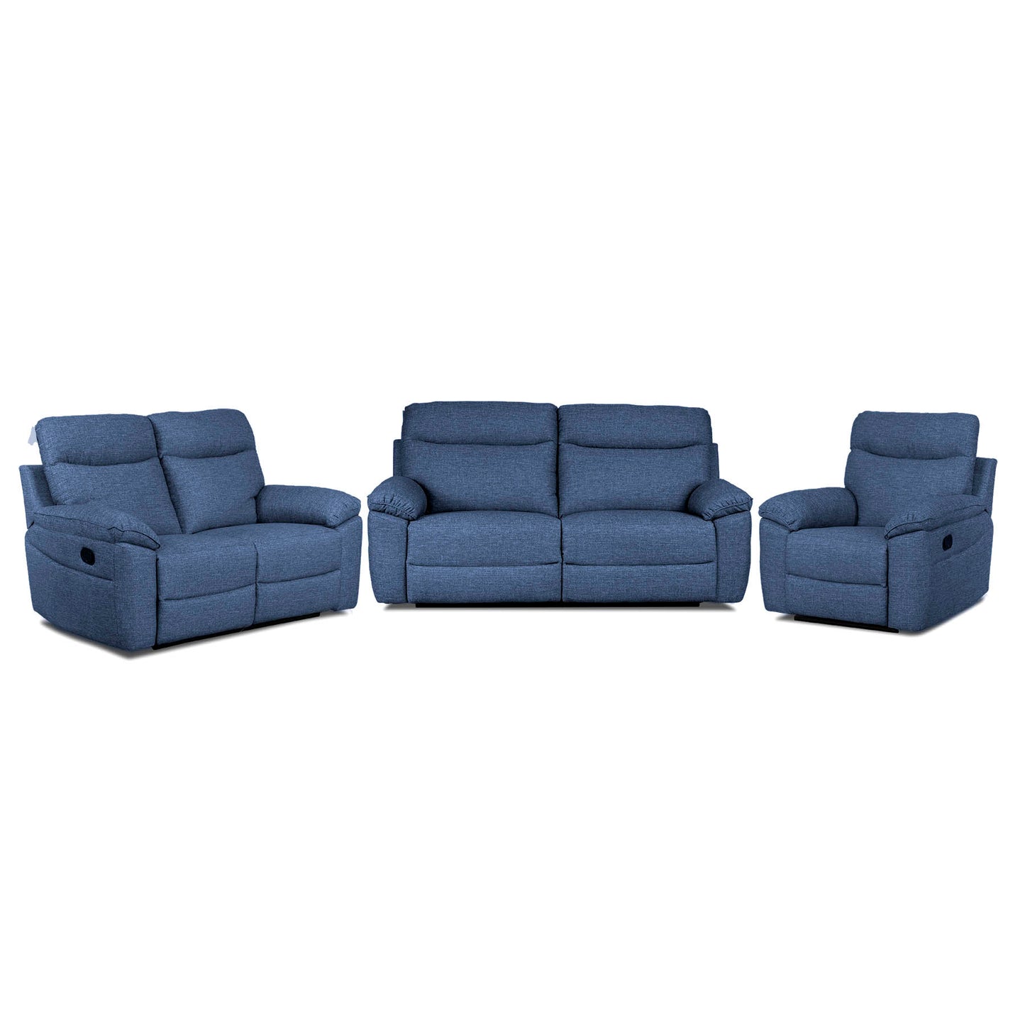 Blue reclining sofa set on a white background