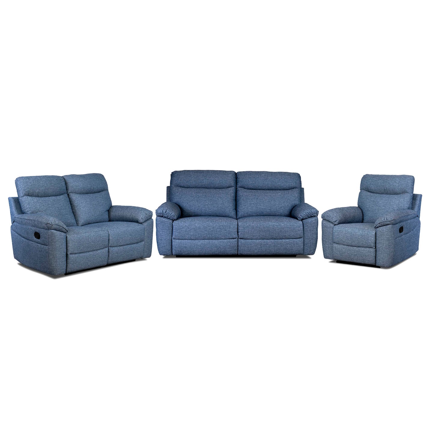 Blue reclining sofa set on a white background