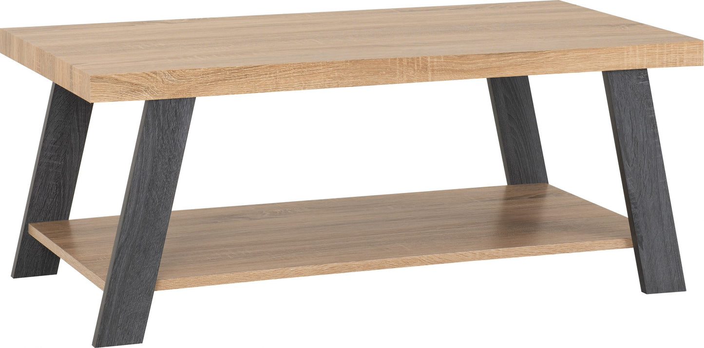 Wooden coffee table with dark gray legs on a white background