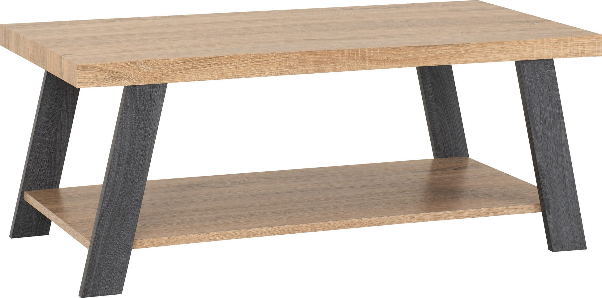 Wooden coffee table with dark gray legs on a white background