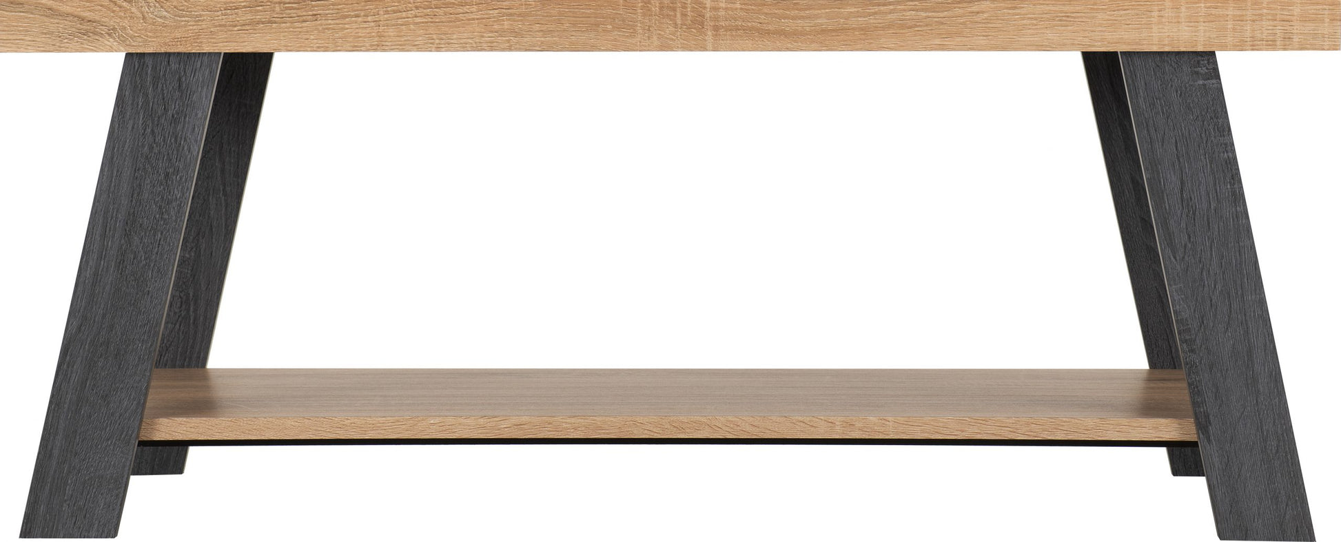Wooden table with black metal legs on a white background