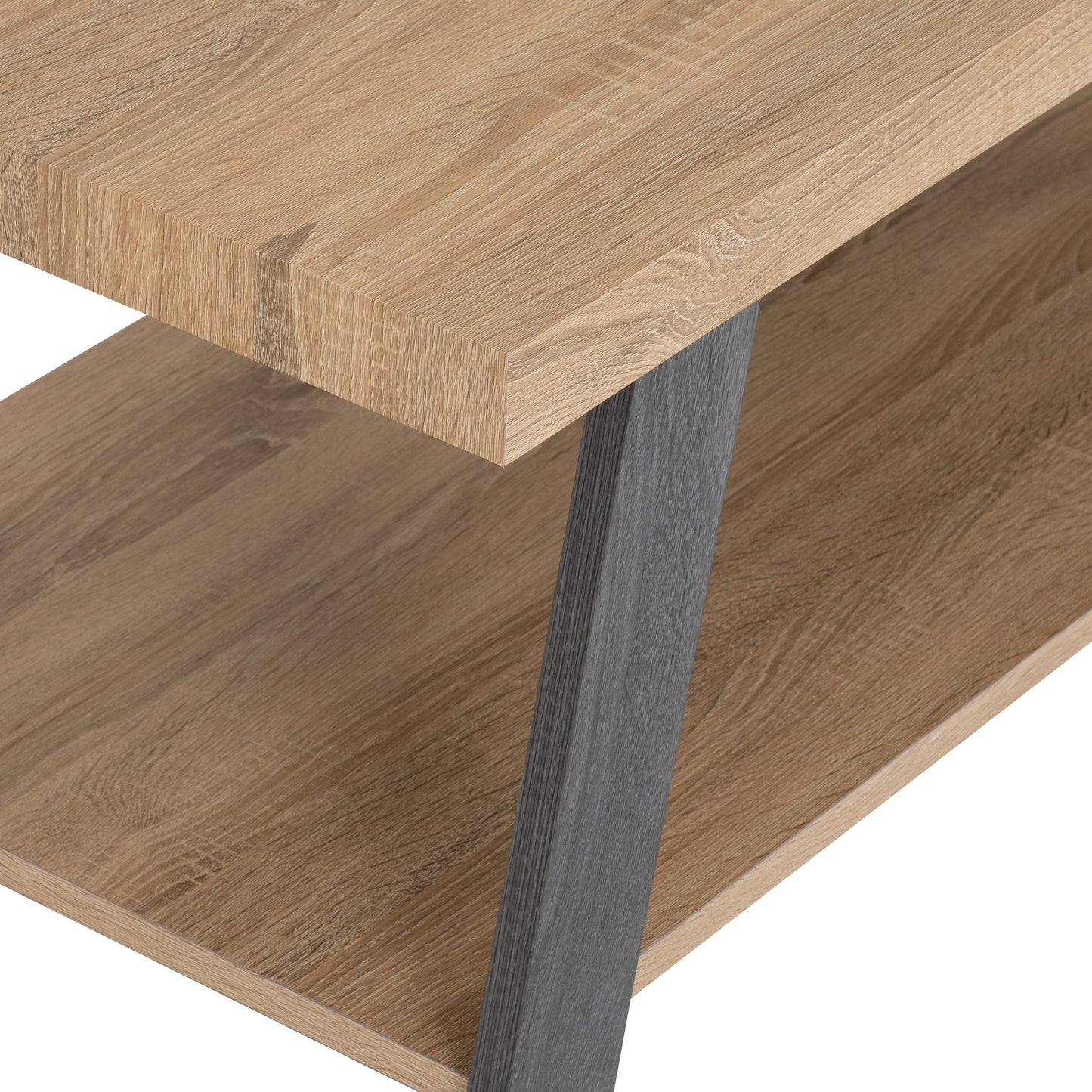 Wooden shelf with metal leg on a white background