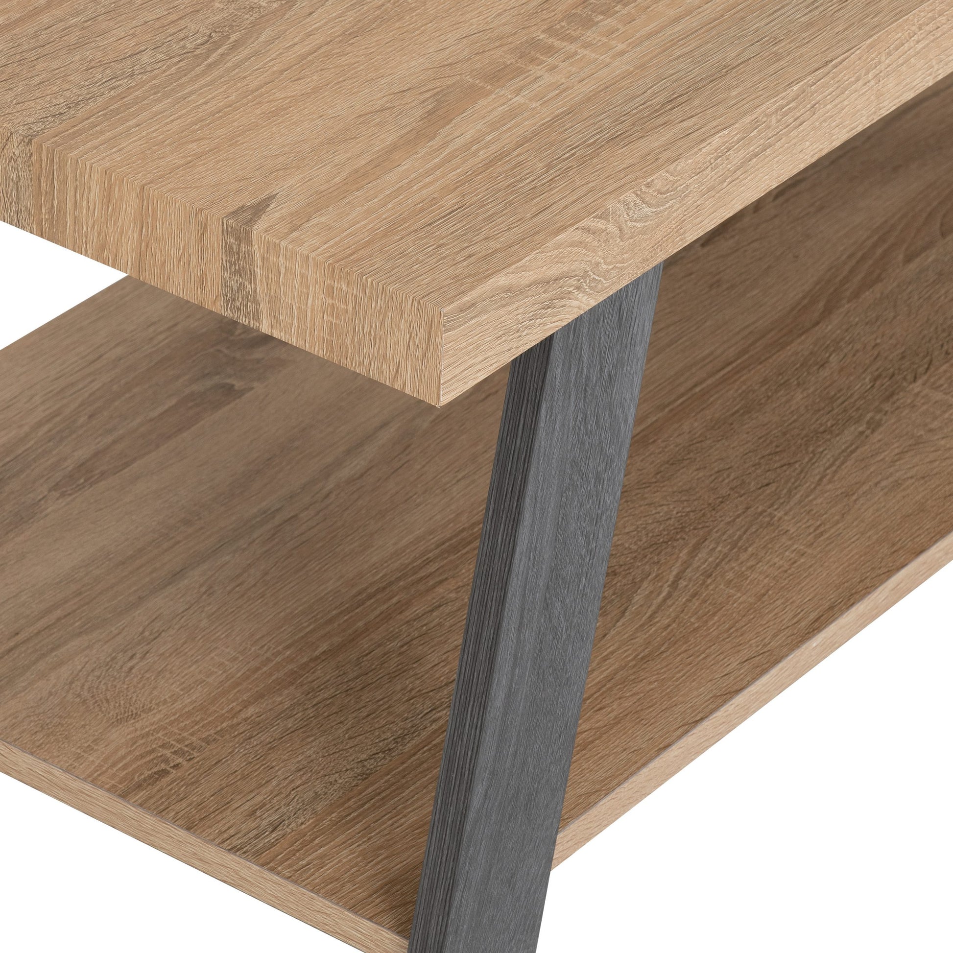 Wooden shelf with metal leg on a white background