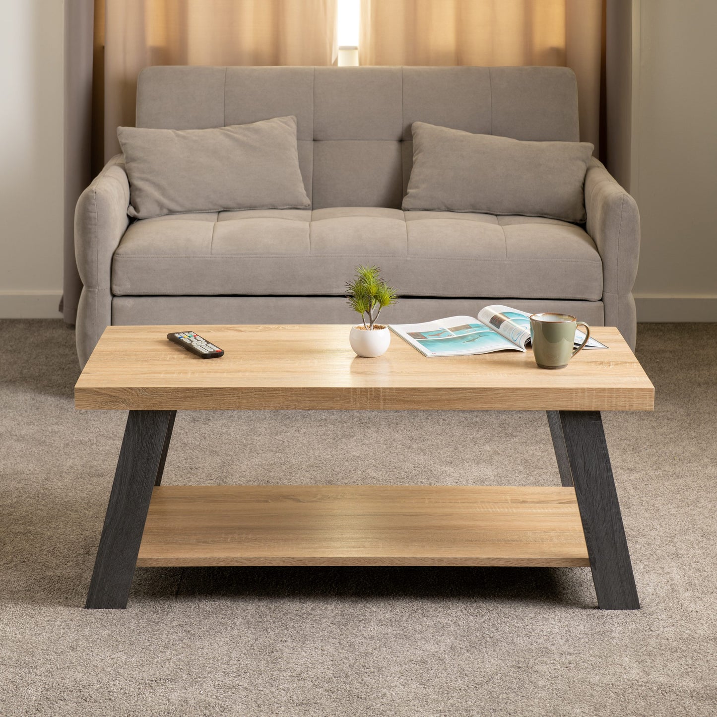 Gray sofa with a wooden coffee table in a living room setting