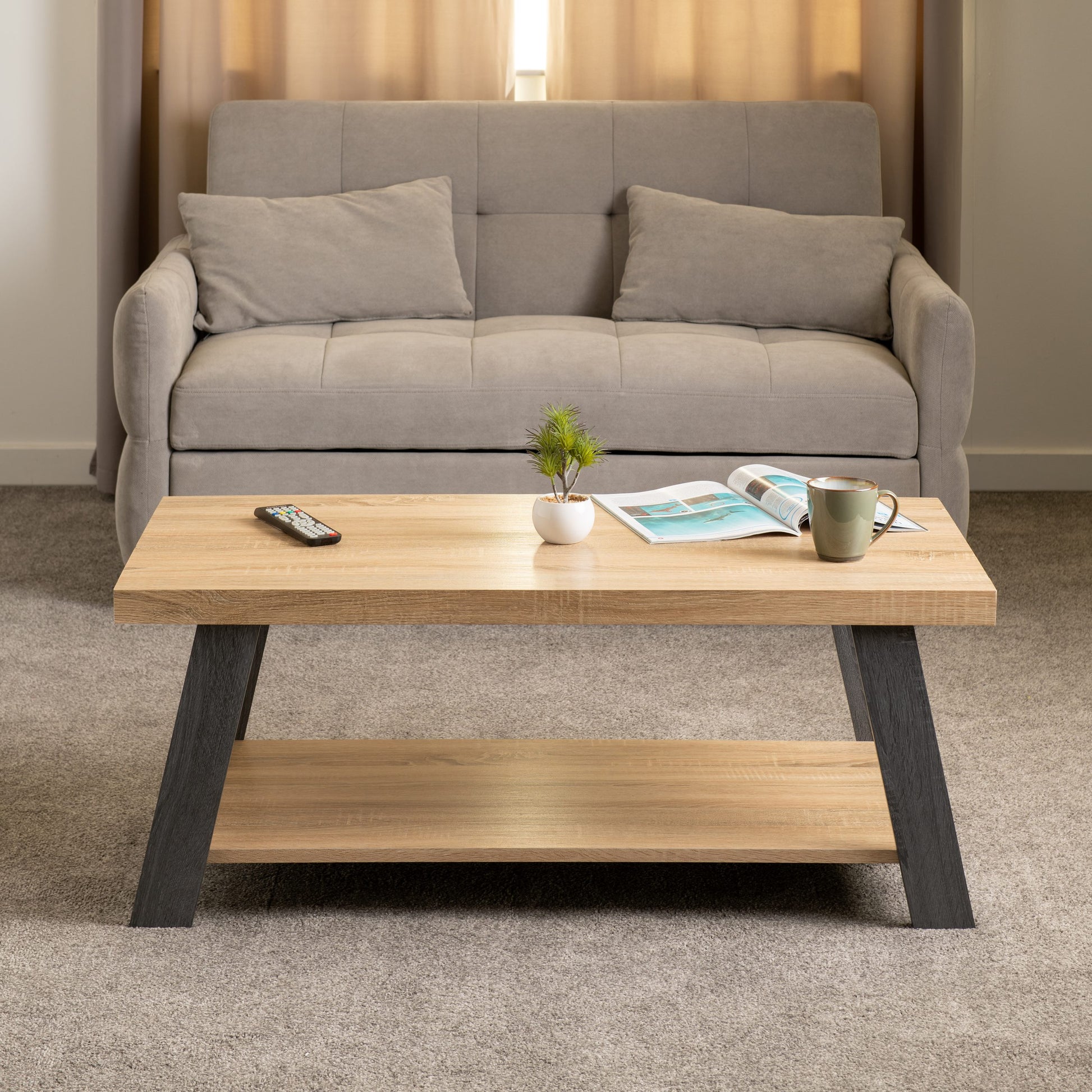 Gray sofa with a wooden coffee table in a living room setting