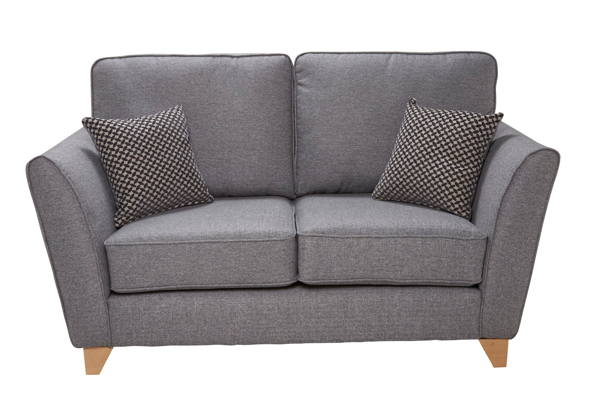 Gray sofa with two cushions on a white background