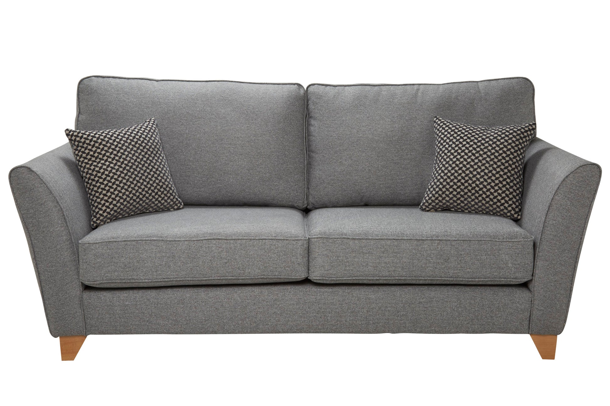 Gray sofa with two patterned cushions on a white background
